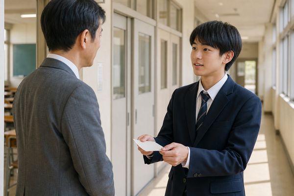制服の高校生が放課後の廊下で先生に質問メモを見せて確認している様子