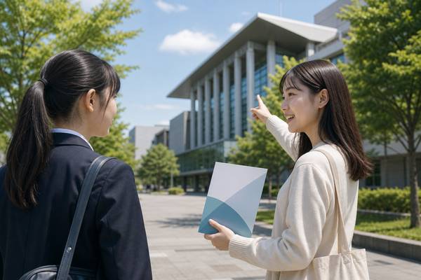 大学のキャンパスで、案内冊子を手にした女性が校舎を指さしながら制服姿の高校生に説明している様子