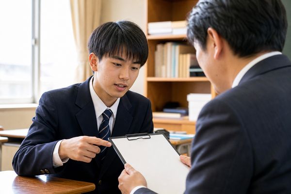制服の高校生が職員室で教科担当の先生に不足している観点をたずねている様子