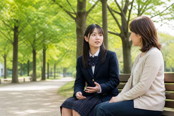 公園のベンチで、制服姿の高校生が落ち着いて話し、母親がうなずきながら耳を傾けている場面
