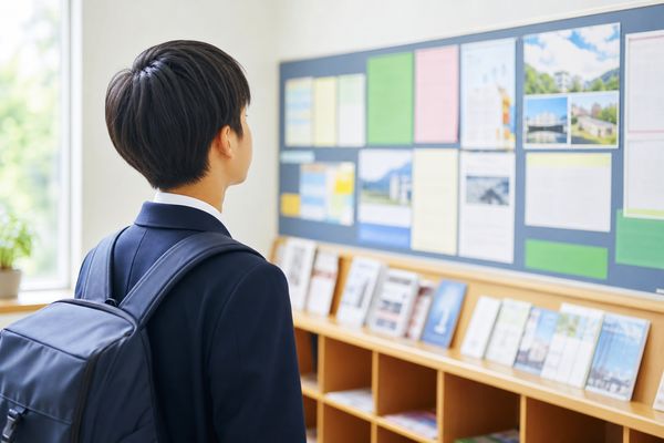 校内の進路コーナーで、制服姿の中学生が高校の資料が並ぶ掲示板を真剣に見上げている様子