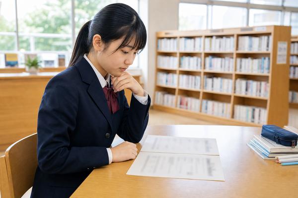 学校の図書室で、制服姿の中学生が自校の評価方法が書かれた資料を落ち着いて読み込んでいる様子