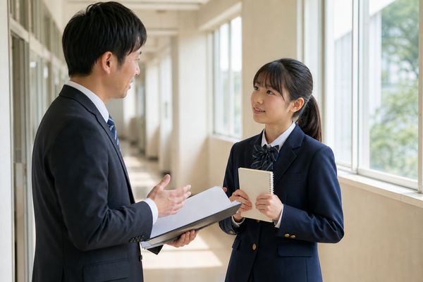 放課後の明るい廊下で、制服姿の中学生が教科担当の先生にメモを見せながら具体的に質問している様子