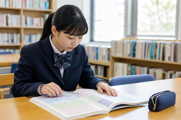 制服姿の中学生が図書館の机で高校入試の公式資料を定規を当てながら読み込んでいる様子