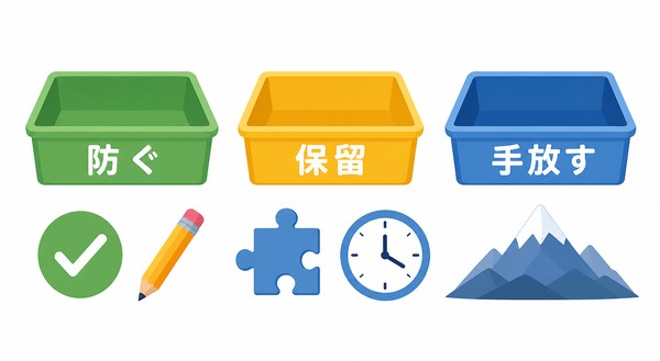 失点を「防ぐ」「保留」「手放す」の3つの色分けトレーに分類することを表した図解