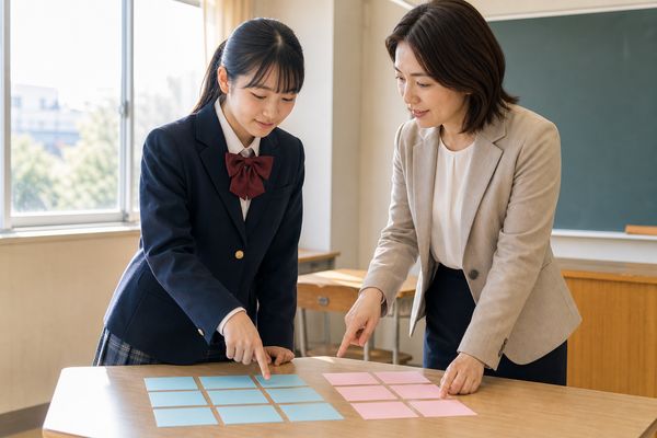 放課後の教室で、制服の女子高校生が先生と一緒に設問カードを2つのグループへ分けている様子