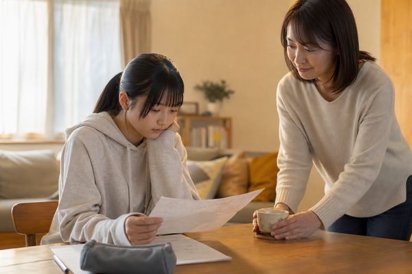 自宅で女子中学生が答案を見つめ、母親がそばで見守っている様子