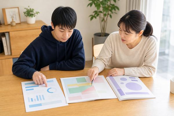 ダイニングテーブルで中学生と保護者が、模試の結果・入試の募集案内・過去問の3種類の資料を並べて志望校を検討している様子