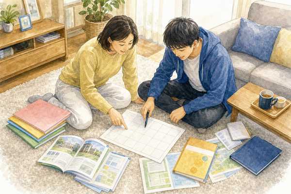 前期・後期・私立を一枚の受験日程表に並べて親子で確認するイラスト