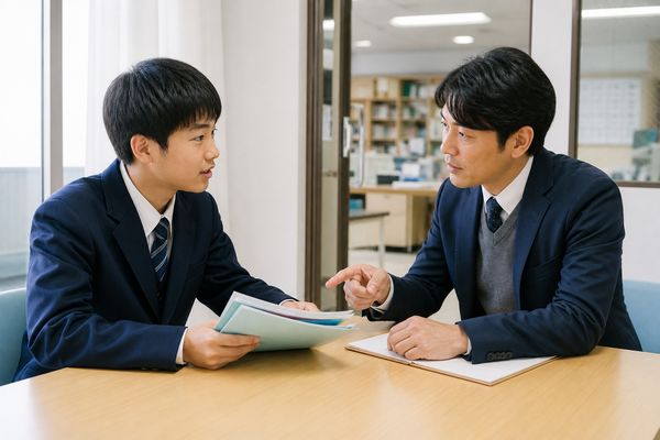 職員室前の明るい相談テーブルで、制服姿の男子中学生が返却された資料を見せながら質問し、教科担当の先生が次にやることを指し示している場面