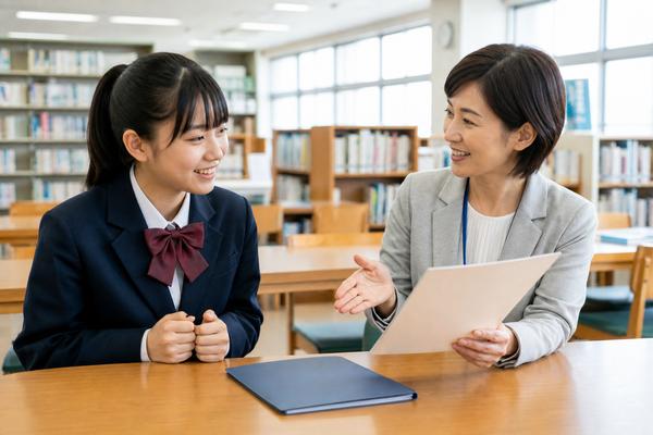 学校の図書室で制服の生徒に女性職員が書類を示しながら説明する様子