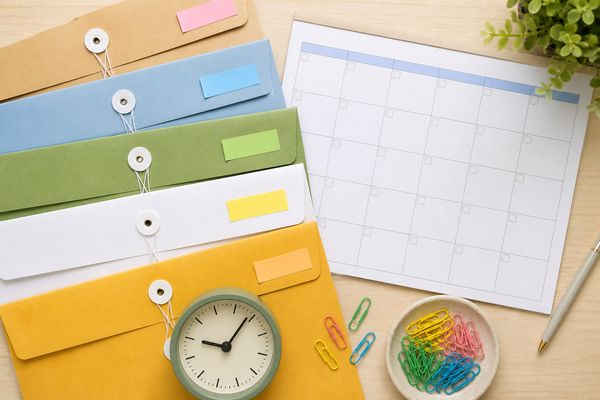 色違いの書類封筒が複数と予定表、時計、色分けクリップを真上から写した出願準備の様子