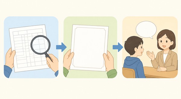 通知表の欄を虫眼鏡で確かめる、入試の実施要項を読む、先生に質問するという3ステップを矢印でつないだ図解