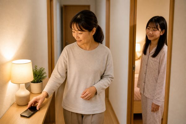母親が廊下の棚にスマートフォンを置き、パジャマ姿の娘が寝室の入口から見ている様子