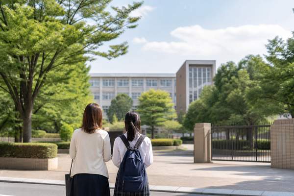 晴れた日の歩道から、制服の女子中学生と保護者が並んで、緑に囲まれた高校の校舎と門を見上げている後ろ姿
