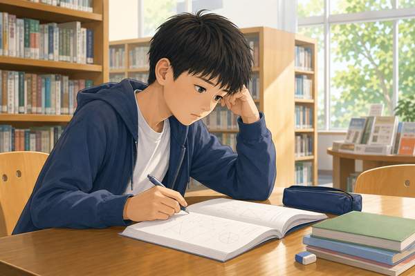 図書室でノートを前に、どこでつまずいているのか考え込む中学生のイラスト