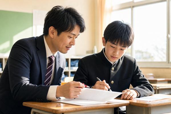 放課後の教室で、先生と一緒に模試の答案を見直している制服姿の中学生の男子
