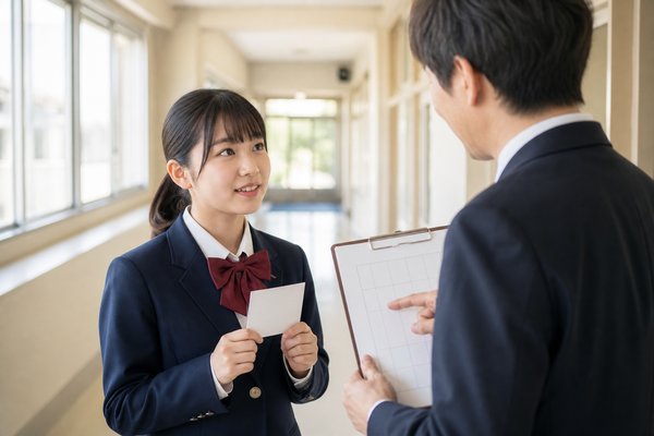放課後の明るい廊下で、評価の表を見せる先生に手元のメモを持って質問する制服姿の中学生