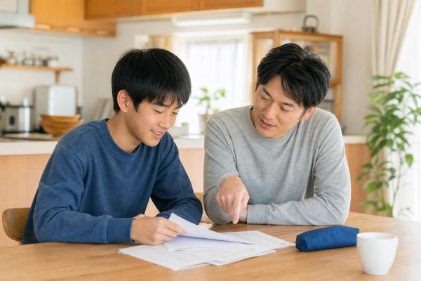 日差しの入るダイニングテーブルで、父親と中学生の息子が答案を一緒に見ながら振り返っている様子