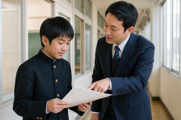 学校の廊下で担当の先生が答案を指しながら、学生服の中学生へ改善点を説明している様子