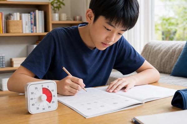 タイマーで時間を測りながら過去問を解く中学生の男子
