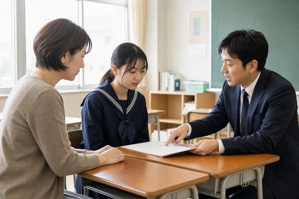 三者面談で担任の先生に志望校の選考基準を確認する中学生と保護者