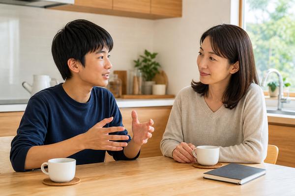 明るいダイニングで、中学生が保護者に困っている教科について話し、保護者が落ち着いて耳を傾けている様子
