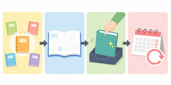 1教科を選ぶ、基本へ戻る、提出する、1週間後に確かめる、の4手順を左から並べた図