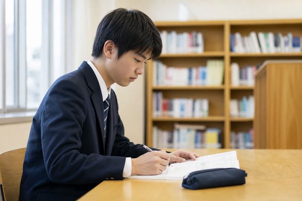 放課後の学校図書室で、制服姿の高校1年生が教科書の基本問題を自力で解いている様子