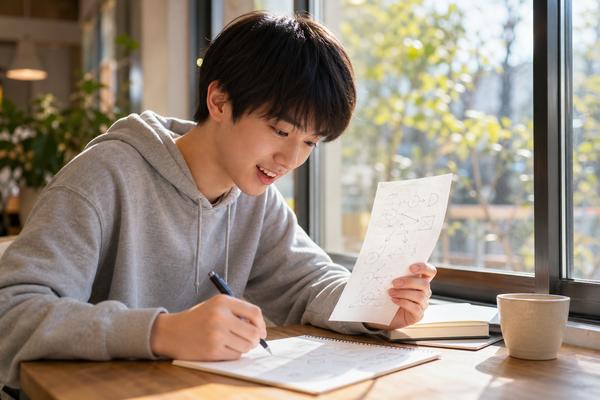 明るいカフェの窓際で、私服の高校生が紙に矢印を書き足しながら解法の方針を作り直している場面