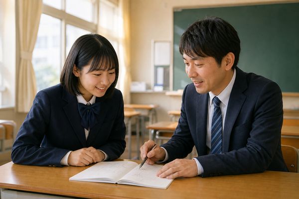 放課後の明るい教室でノートを開き、教科担当の先生に評価の改善点を質問する中学生
