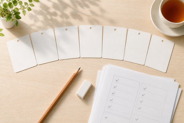 明るい机に一週間分の白いカードと鉛筆、チェック済みの練習問題を並べた様子