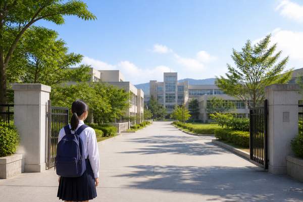 晴れた日に制服の中学生が高校の校門の前に立ち、校舎を見上げている後ろ姿