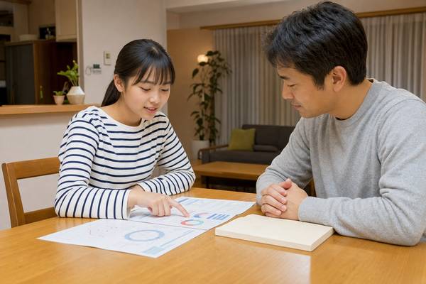 模試の成績表を指さしながら父親と一緒に次の目標を確認する女子中学生の写真