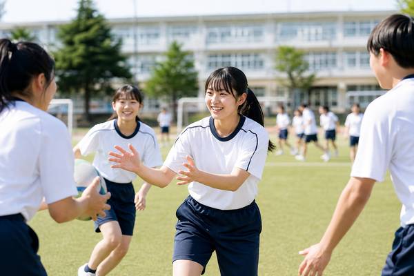 晴れた校庭で体操着の高校生たちが仲間とボールを使って部活動の練習をしている様子