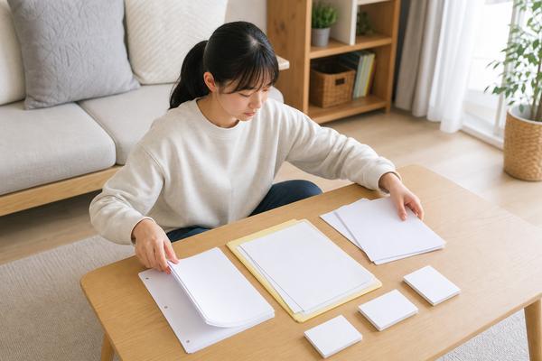 私服の高校生が自宅のローテーブルで提出物と学習カードを優先順に仕分けている様子