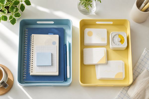 机の上で学習道具を2つのトレーに分け、守る教科と伸ばす教科の勉強を分けている様子