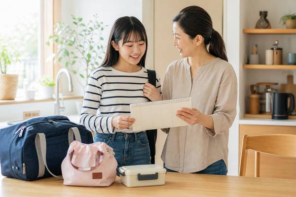 高校生と保護者が自宅で予定表を見ながら、これからの提出物と評価の機会を確認している様子