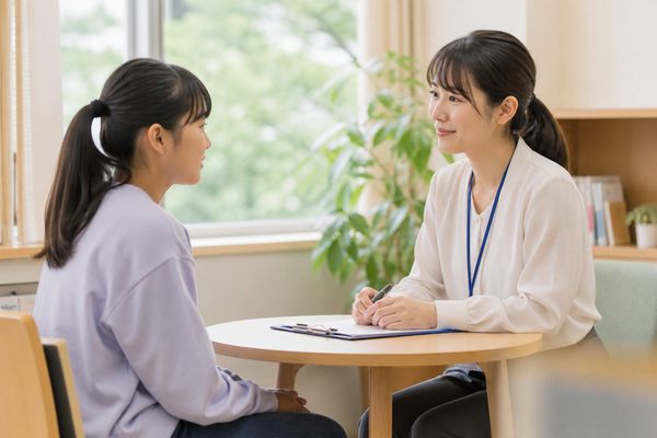 明るい相談室で、私服の中学生がスクールカウンセラーに家庭での悩みを落ち着いて話している様子