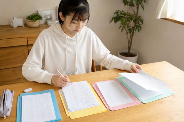 自宅の机で高校生が教科ごとのファイルに返却された答案を並べ、失点した問題を種類ごとに分けている様子
