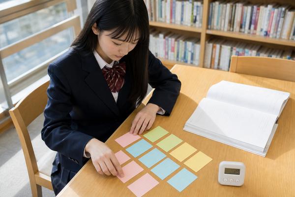 制服の女子中学生が学校の図書室で、色分けしたカードを並べて勉強の優先順位を決めている様子