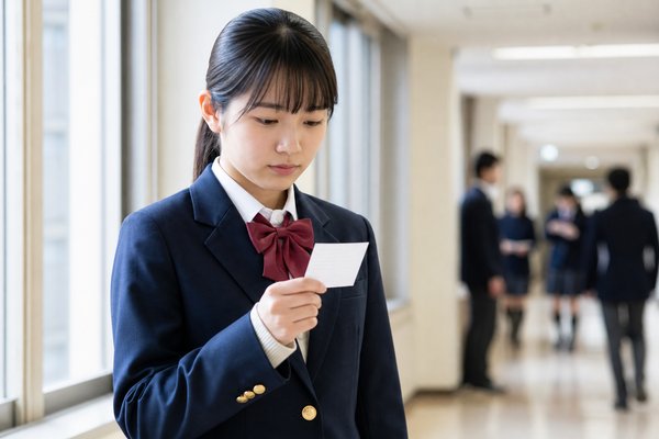 制服姿の受験生が試験会場の廊下で、自分の小さなメモだけを静かに確認している様子