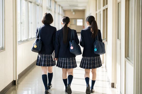 制服姿の高校生3人が日差しの入る校舎の廊下を並んで歩いている後ろ姿