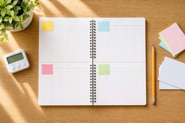 4つの週に区切られたプランナーへ色違いの付箋を貼り、タイマーを添えた明るい学習机