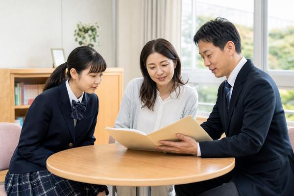 学校の面談室で生徒と保護者が担任教師と資料を見ながら話す三者面談