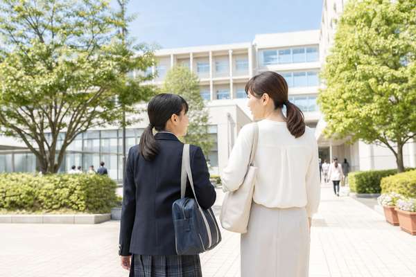 晴れた高校のオープンキャンパスを母親と歩きながら進路を話す中学生