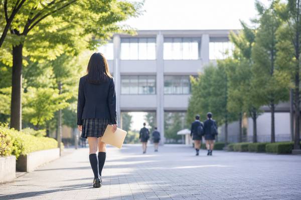朝の光の中、資料を手に校舎へ向かって歩く制服姿の女子高校生