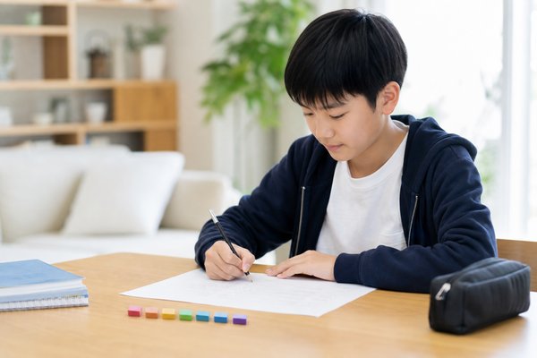 日中の明るいリビングの木のテーブルで、私服の中学1年生の男子生徒が英語の練習プリントに取り組み、机の上には7個の完了マーカーが並んでいる様子