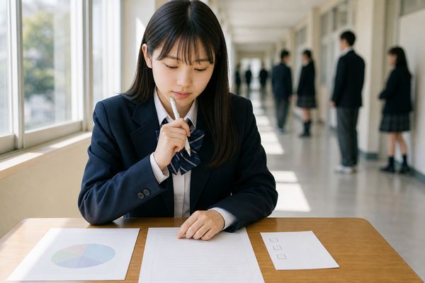 提出前に答案と資料のグラフを見比べ、3つのチェック欄を確認している制服姿の高校生