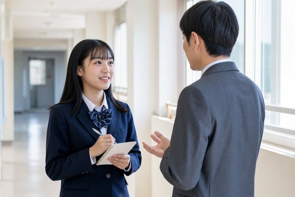 学校の廊下で先生に質問し、メモを取っている制服姿の中学生の女子